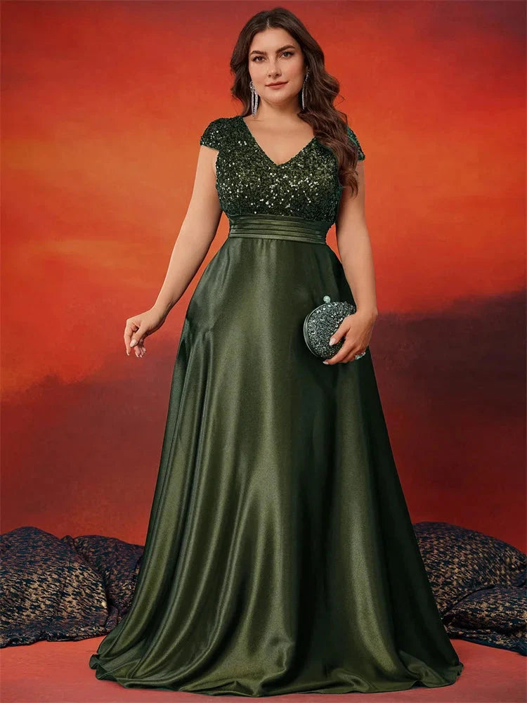 XUIBOL Plus Size Elegant V-Neck Green Sequin Evening Dress Long Luxury Women Satin Short Sleeves Party Prom Cocktail Dress SHOWLU FASHION STORE