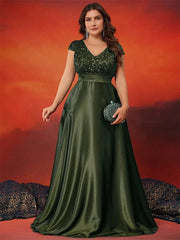 XUIBOL Plus Size Elegant V-Neck Green Sequin Evening Dress Long Luxury Women Satin Short Sleeves Party Prom Cocktail Dress SHOWLU FASHION STORE