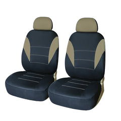 Two black and beige polyester car seat covers for the front seats of a vehicle.
