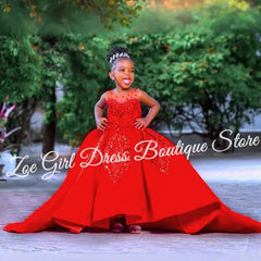 Fuchsia Baby Girl Birthday Party Satin Dress Beaded Lace Appliques Sleeveless Flower Girl Dresses For Wedding Customized