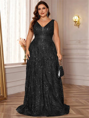 Lucyinlove Plus Size Luxury Deep V-Neck Sequins Blue Evening Dress Women Elegant V-back Wedding Party Long Prom Cocktail Dresses SHOWLU FASHION STORE