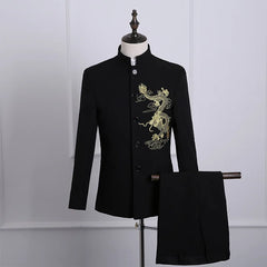 A black two-piece suit featuring a stand-collar blazer with gold dragon embroidery and matching pants.