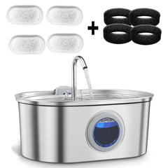 A stainless steel pet water fountain with a water level window, four filters, and two sponges.