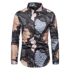 A men's long-sleeve button-down shirt featuring a black background with a retro abstract print.