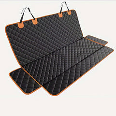 A black quilted waterproof car seat cover for pets with orange trim and adjustable headrest straps.