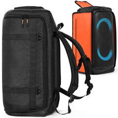 Black backpack for JBL Partybox Stage 320 speaker, with speaker shown inside.