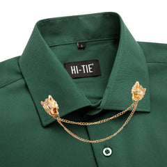 Hi-Tie Long Sleeve Mens Shirts Silk Brown Solid Lapel Green Black Red Beige Purple Pink Slim Fit Shirt Wedding Business Formal