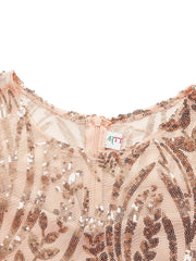 A close-up of a rose gold sequined dress featuring an O-neck and a back zipper closure.