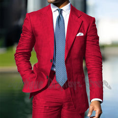 Blue Linen Single Breasted Men Suit Two Pieces(Jacket+Pants) Outfits Casual Party Prom Wedding Set