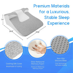 A grey memory foam wedge pillow with a cooling cover and a non-slip silicone base.