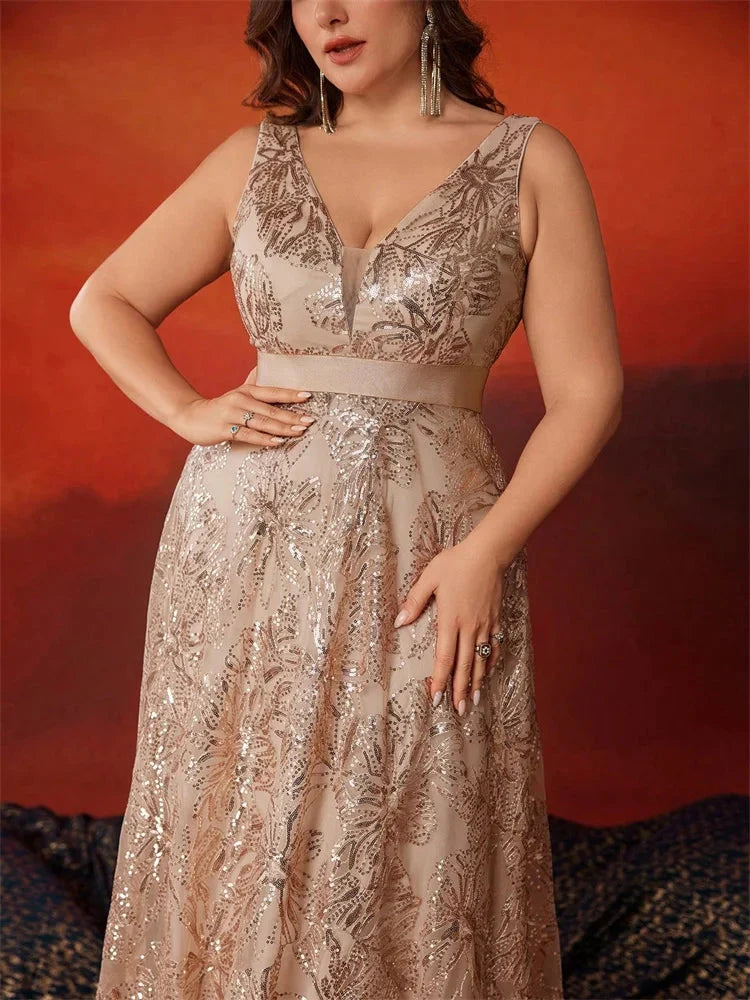 Lucyinlove Plus Size Luxury Deep V-Neck Sequins Blue Evening Dress Women Elegant V-back Wedding Party Long Prom Cocktail Dresses SHOWLU FASHION STORE