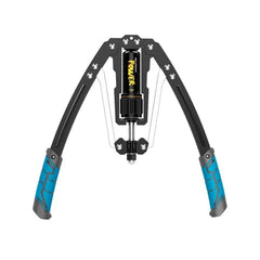 An adjustable hydraulic arm strength trainer with black metal arms and blue textured grips.