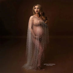 Sexy Maternity Photo Shoot Dresses Tulle Cape Pearl Cloak For Pregnancy Photography Studio Props Maxi Dress Boho Pregnant Women