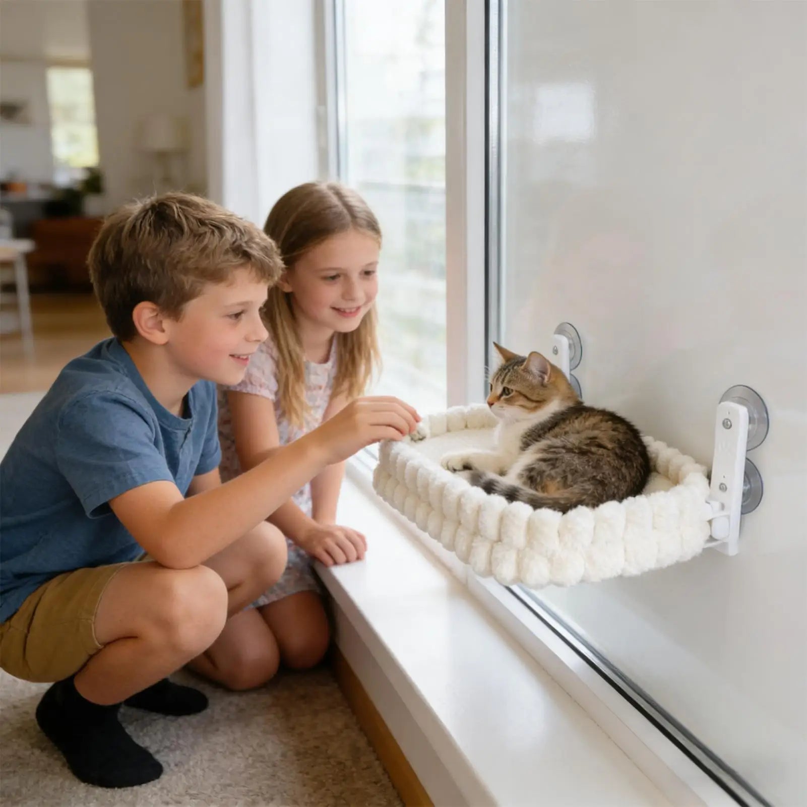 A cat rests on a white, plush, foldable window perch attached to glass with suction cups.