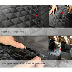 A quilted, waterproof black fabric dog car seat cover that can be unzipped to lay flat.