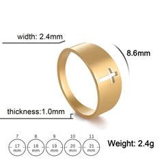 A gold-colored stainless steel ring featuring a cutout cross design with sizing specifications.