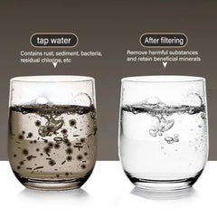 A comparison image shows a glass of murky tap water next to a glass of clear filtered water.