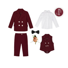 Children's Formal Burgundy Suit Set Autumn Winter British Boys Jacket Pants Vest Outfit Kids Baby's First Birthday Party Dress