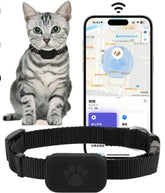 A black pet collar with a paw-print GPS tracker shown next to a cat and a smartphone app interface.
