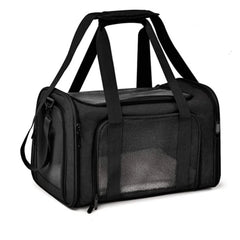 A black soft-sided pet carrier with mesh windows and zipper closures for small cats and dogs.