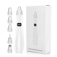 A white handheld blackhead vacuum pore cleaner with five interchangeable suction heads and a box.