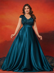 XUIBOL Plus Size Elegant V-Neck Green Sequin Evening Dress Long Luxury Women Satin Short Sleeves Party Prom Cocktail Dress SHOWLU FASHION STORE