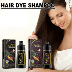 Two bottles of EELHOE hair dye shampoo with their boxes displayed next to a woman with long hair.