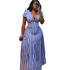 Women Striped Printed V-Neck Dress Short Sleeve Elegant Slim Casual Vacation Streertwear Vintage Long Dress Summer Dresses 2025