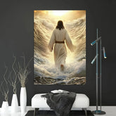 A vertical canvas print depicting Jesus walking on water toward a bright light.