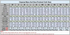 A size chart table for men's suits listing measurements in inches and centimeters for all sizes.