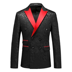 A black double-breasted suit jacket with a red notched lapel and red pocket trim.