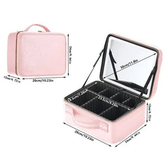 A pink rectangular cosmetic case with an internal mirror and adjustable storage compartments.