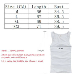 A white sleeveless cotton tank top shown next to a size chart with length and bust measurements.