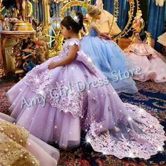 Customized Champagne Flower Girl Dresses For Wedding Appliques With Bow Elegant Princess Birthday Party First Communion Gown