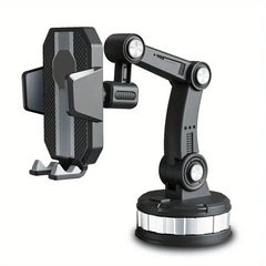 A black universal car phone holder with an adjustable multi-joint arm and a suction cup base.