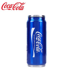 A blue stainless steel mug shaped like a Coca-Cola can with the brand logo printed on the side.