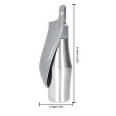 A stainless steel portable pet water bottle with an attached grey drinking bowl and dimensions.