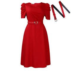 A red midi A-line dress with short puff sleeves, a V-neck, and a matching belt.