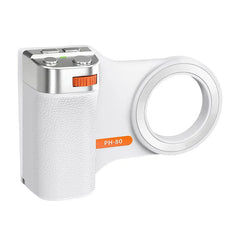 A white universal phone vlogging handle with a built-in ring light and textured grip.