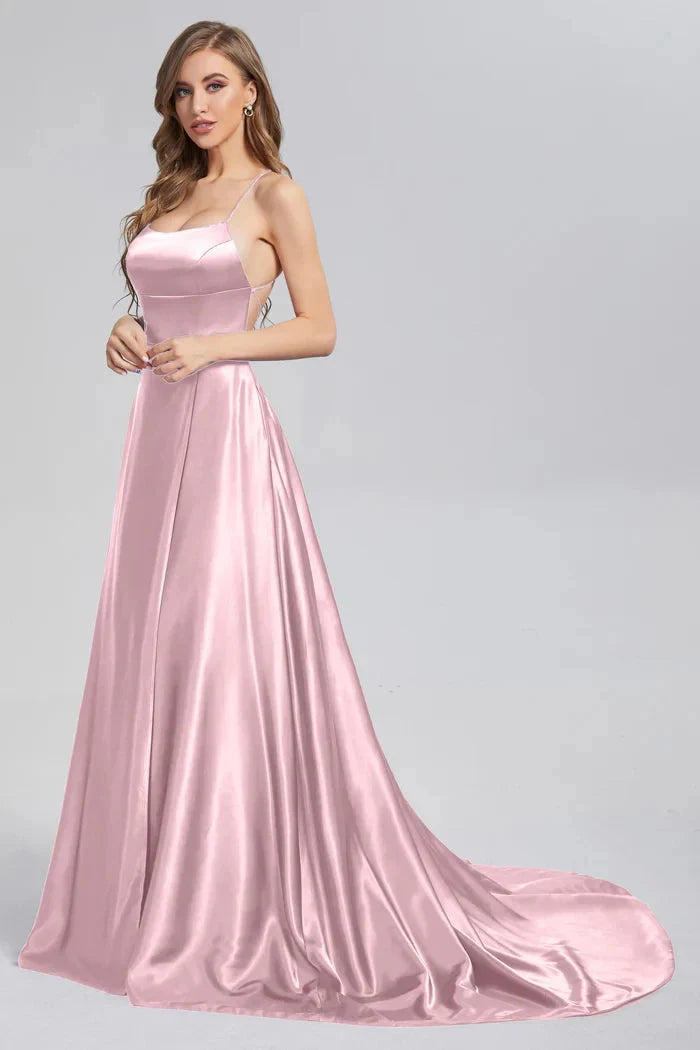 2024 New 3 Styles Simple Satin Bridesmaid Dress Cowl Neckline with Tieing Thin Straps Evening Dress Leg Slit A-line Prom Dress SHOWLU FASHION STORE
