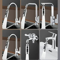 A collage showing a universal faucet extender with three spray modes installed on various taps.