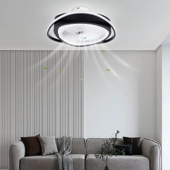 A modern black and white low-profile ceiling fan with an integrated LED light and internal blades.