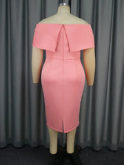 A pink off-the-shoulder midi pencil dress with a back zipper and a small hem slit.