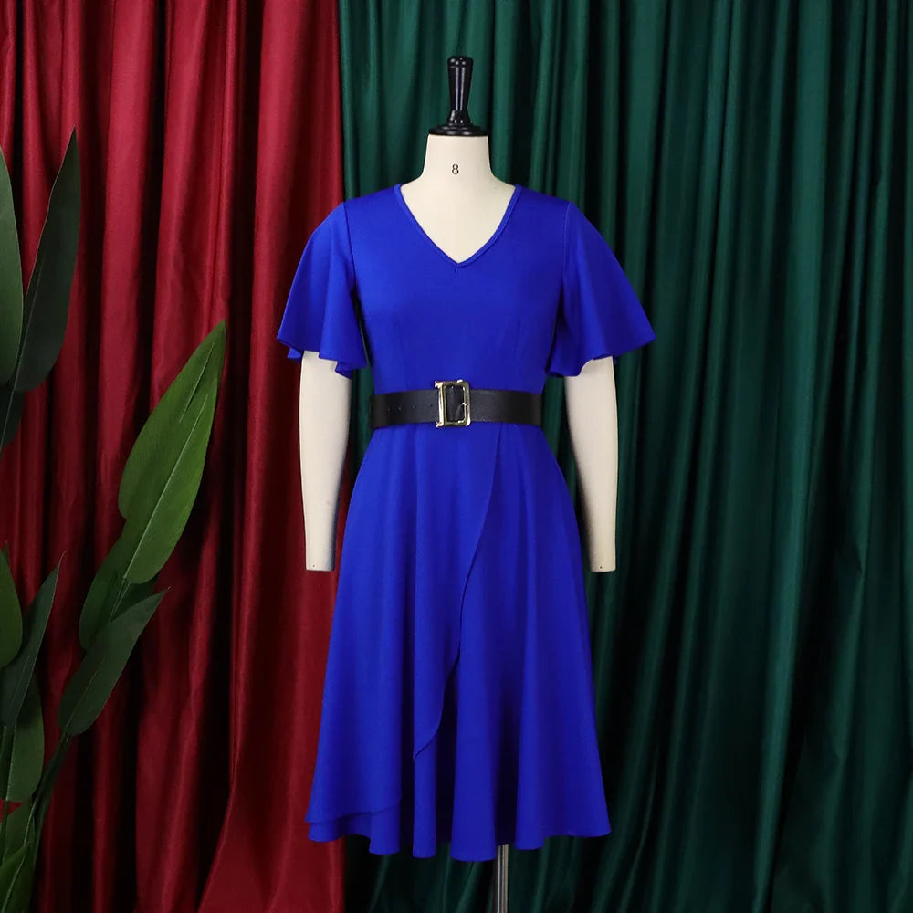 A royal blue V-neck midi dress with butterfly sleeves and a black waist belt.