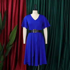 A royal blue V-neck midi dress with butterfly sleeves and a black waist belt.