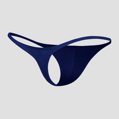 A solid navy blue low-rise men's thong made from stretchy, breathable knit fabric.