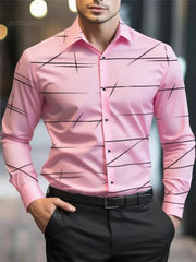 2025 new men's shirts, geometric lines 3D printing long-sleeved men's casual lapel tops, business office large size clothing