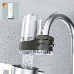 A faucet-mounted water purifier with a clear filter housing and a switch for water flow control.