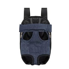 A blue denim-style pet carrier backpack with adjustable shoulder straps and leg openings.