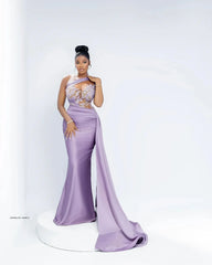 Lavender Evening Dresses Sheer Neck One Shoulder Illusion Mermaid Appliqued Beaded Lace Bridesmaid Dress Prom Gown Customized SHOWLU FASHION STORE